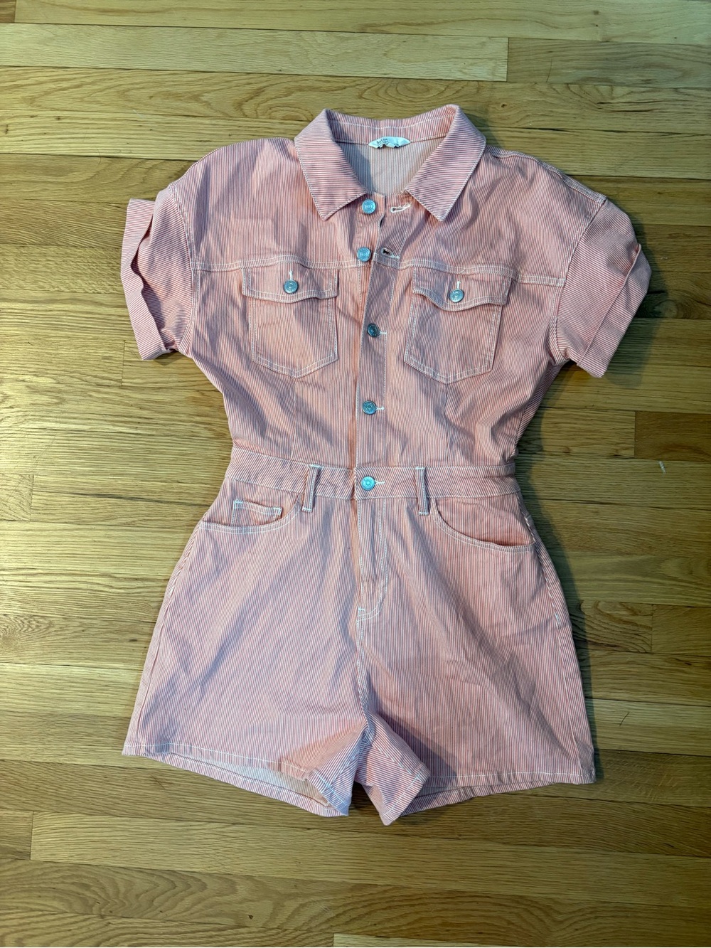 Pink & White Striped Short Sleeve Denim Romper